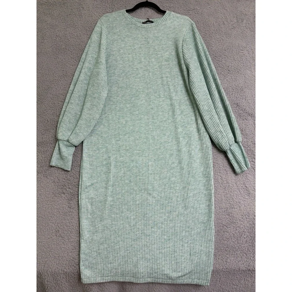Zara Ribbed Dress with Cuffed Long Balloon Sleeves Green Marl Size L NWT